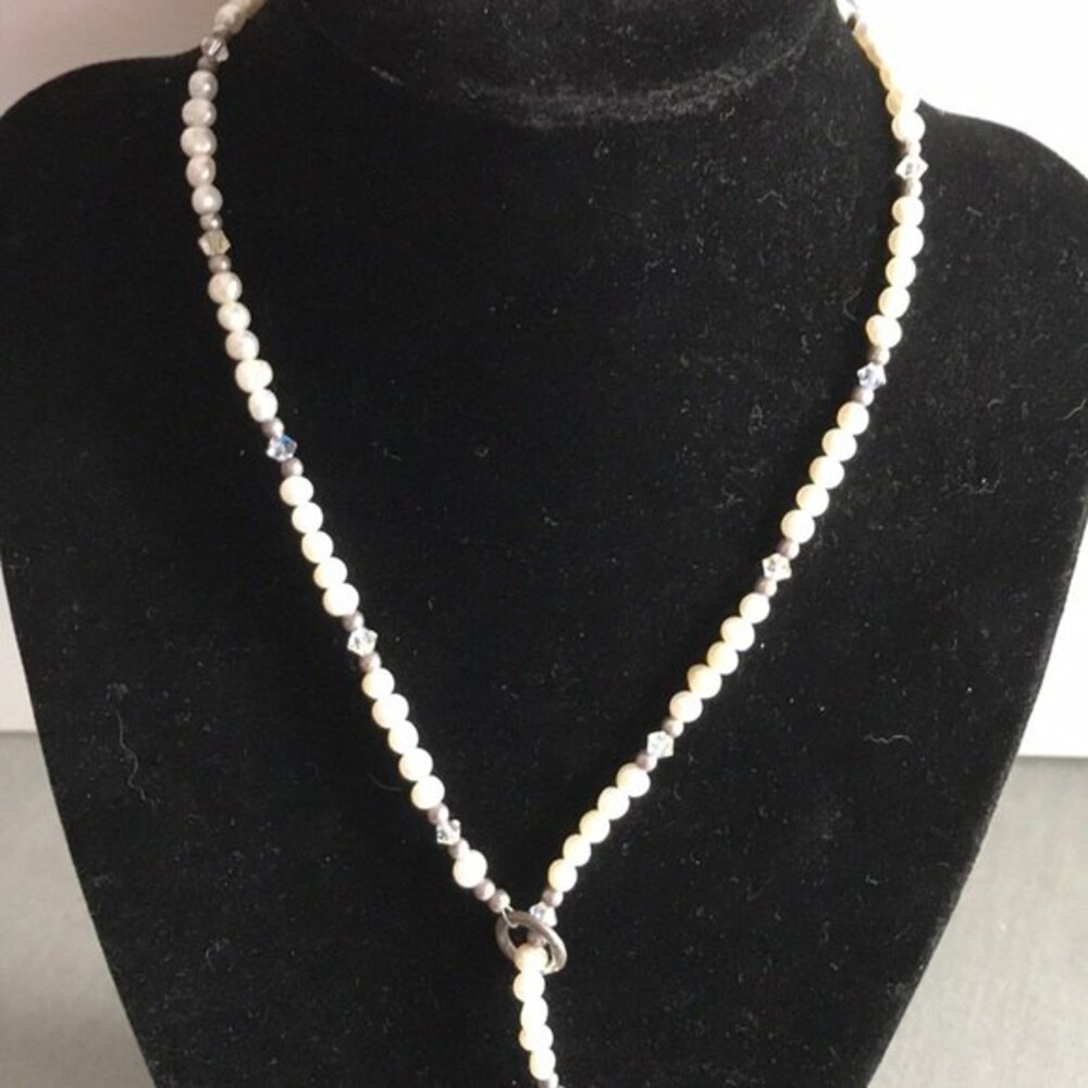 Vintage Pearl Swarovski Crystal Sterling Silver Lariat Y Necklace Ring Toggle